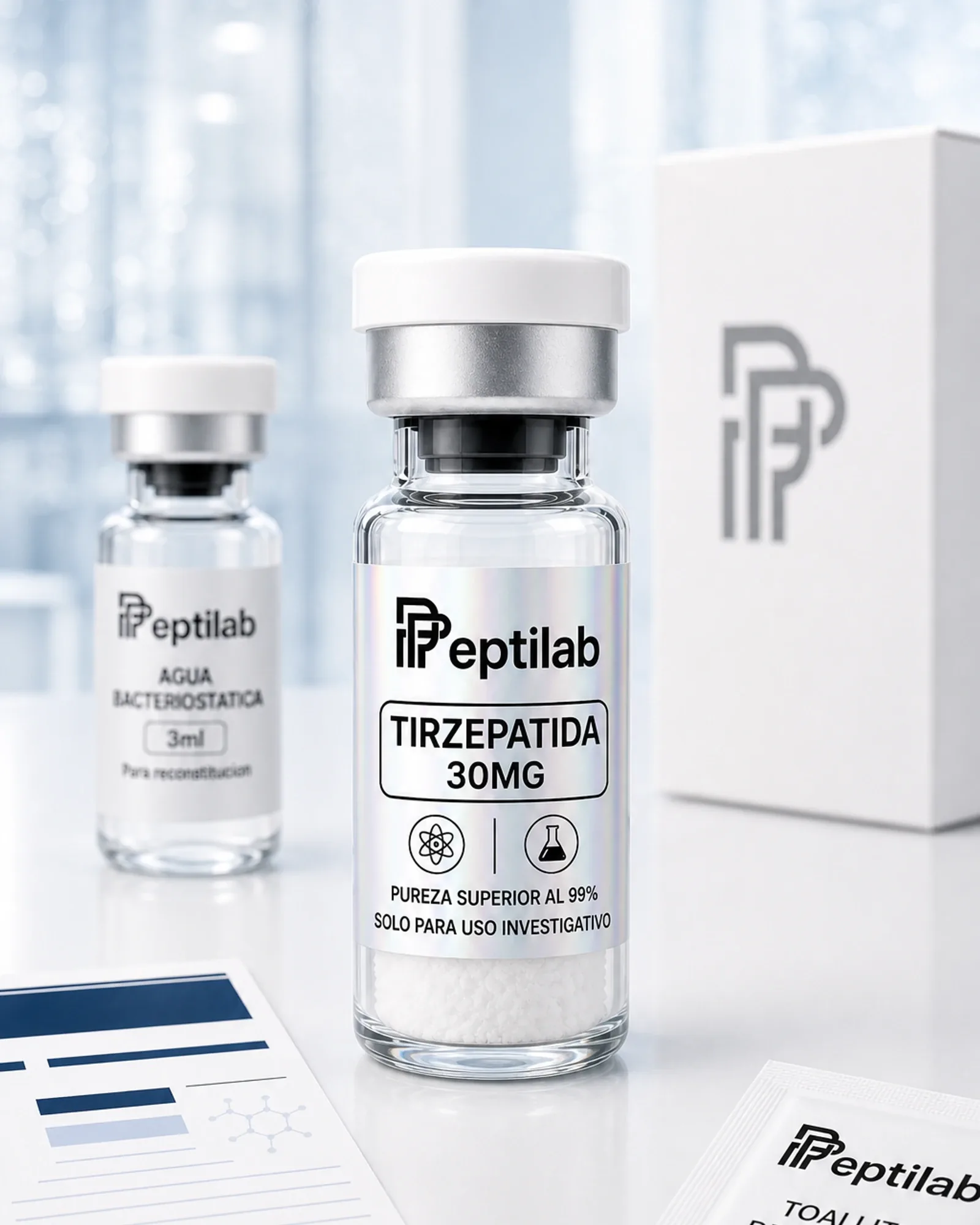 Vial de Tirzepatida 30mg liofilizada de uso investigativo (RUO), presentación concentrada para investigación metabólica