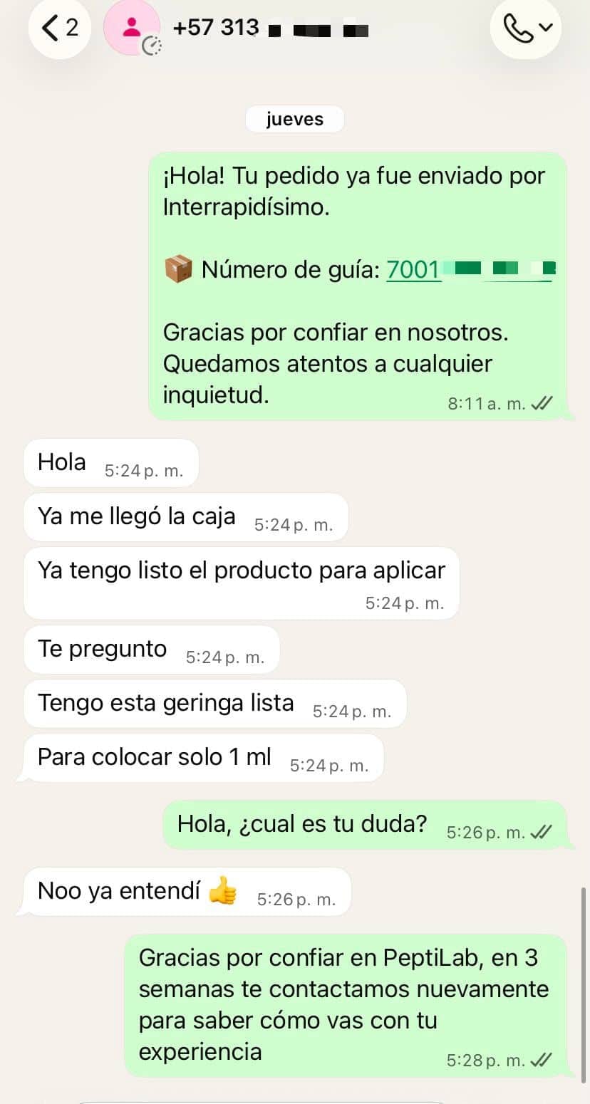 Captura anonimizada de WhatsApp con consulta post-entrega y respuesta de soporte.