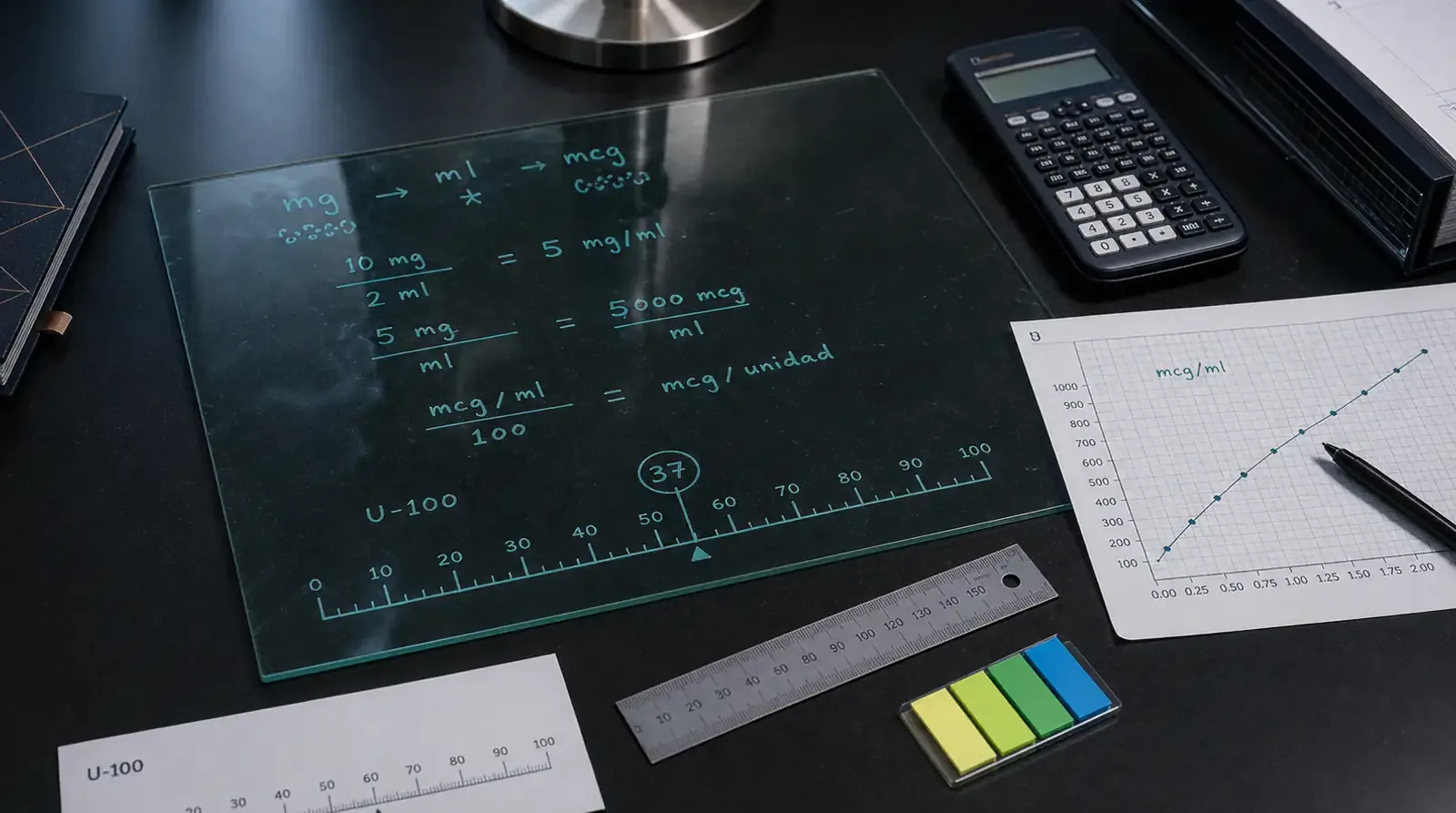 Pizarra y calculadora de laboratorio con conversiones mg, ml y mcg