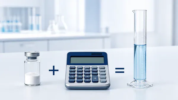 Calculadora entre una muestra en polvo y un recipiente graduado con líquido